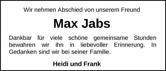 Traueranzeige von Max Jabs von Nordwest-Zeitung