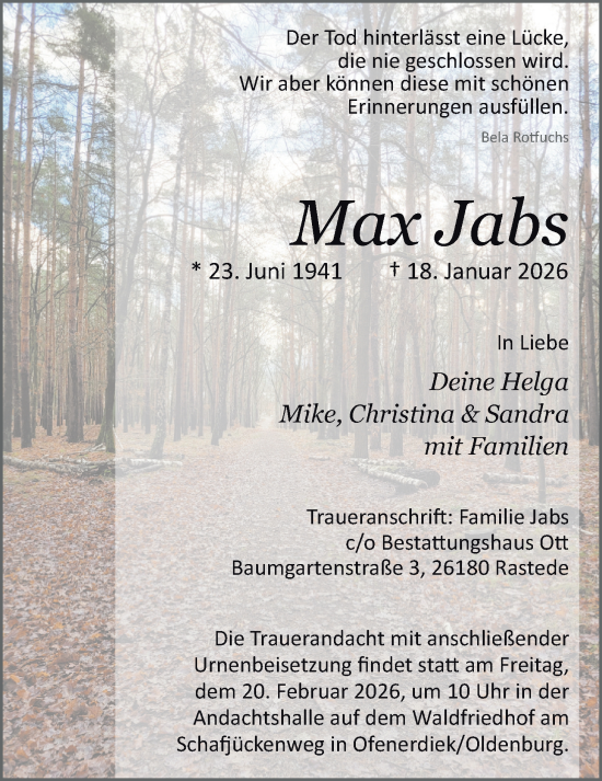 Traueranzeige von Max Jabs von Nordwest-Zeitung