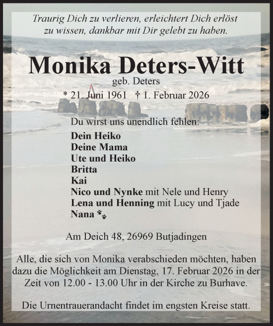 Traueranzeige von Monika Deters-Witt von Nordwest-Zeitung