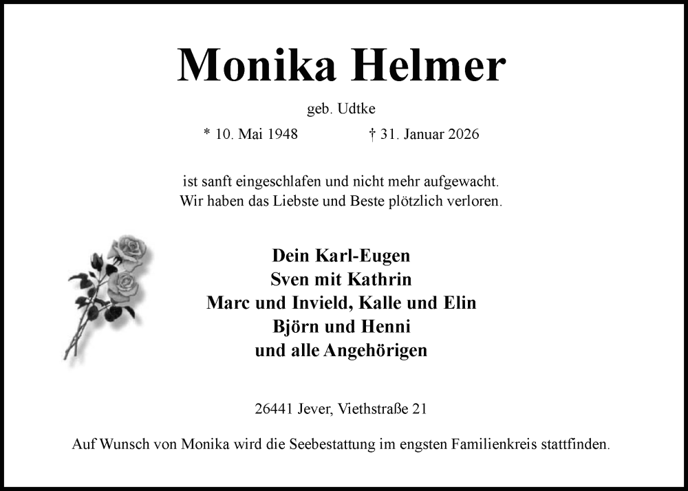  Traueranzeige für Monika Helmer vom 07.02.2026 aus WZ/JW/AH
