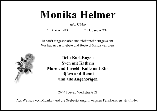 Traueranzeige von Monika Helmer von WZ/JW/AH