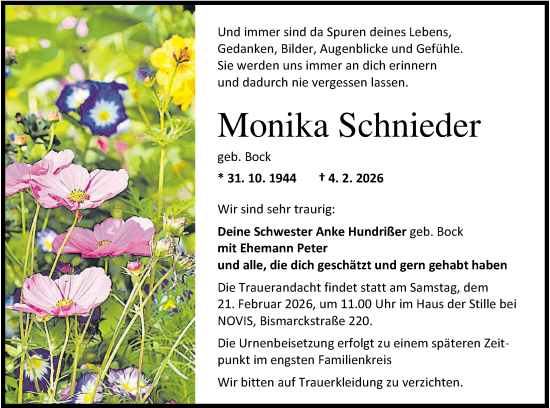 Traueranzeige von Monika Schnieder von WZ/JW/AH