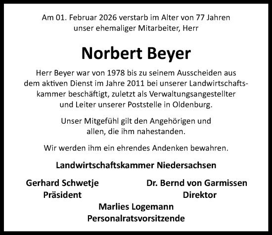 Traueranzeige von Norbert Beyer von Nordwest-Zeitung