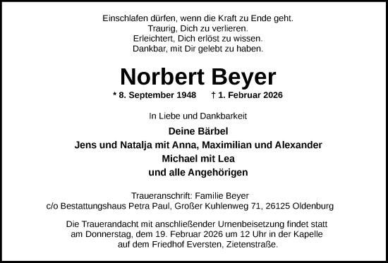 Traueranzeige von Norbert Beyer von Nordwest-Zeitung