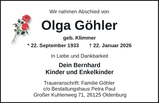 Traueranzeige von Olga Göhler von Nordwest-Zeitung