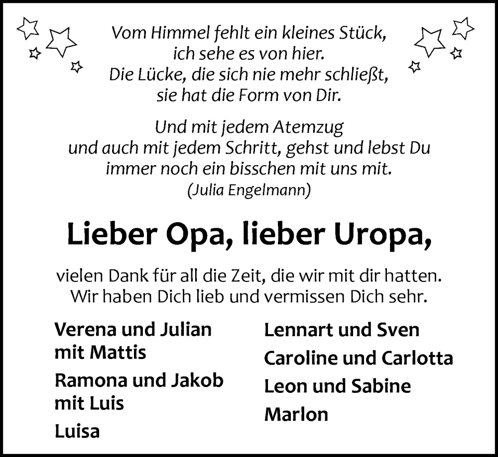 Traueranzeige für Opa  vom 06.02.2026 aus Nordwest-Zeitung