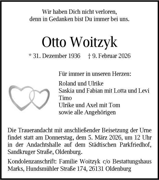Traueranzeige von Otto Woitzyk von Nordwest-Zeitung