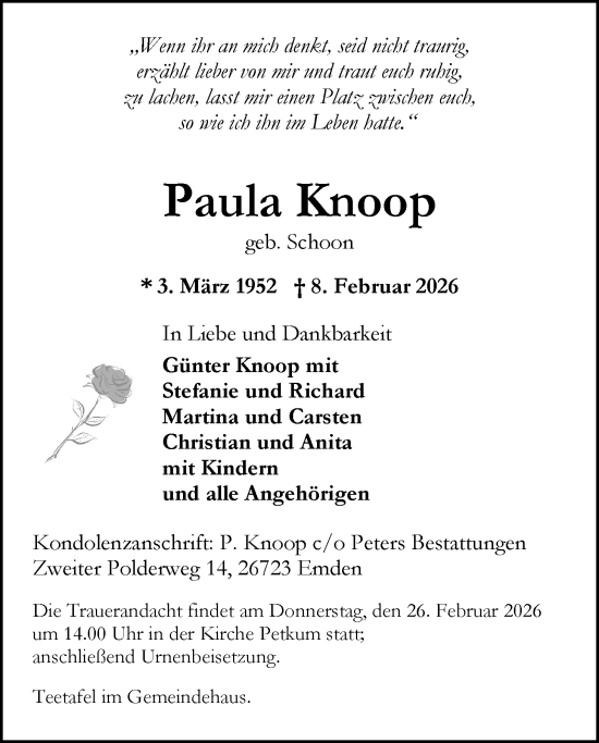 Traueranzeige von Paula Knoop von Emder Zeitung