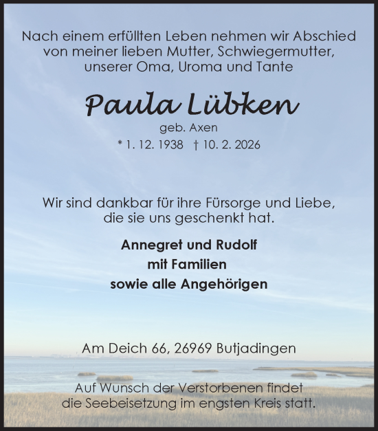 Traueranzeige von Paula Lübken von Nordwest-Zeitung