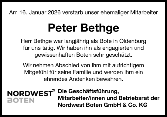 Traueranzeige von Peter Bethge von Nordwest-Zeitung