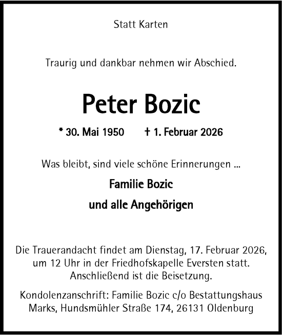 Traueranzeige von Peter Bozic von Nordwest-Zeitung