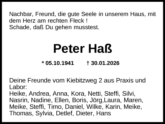 Traueranzeige von Peter Haß von Nordwest-Zeitung