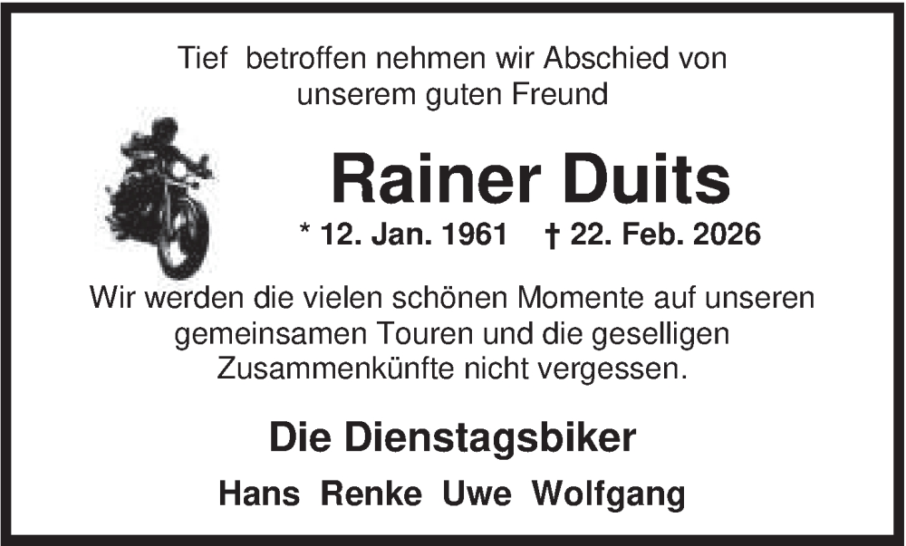  Traueranzeige für Rainer Duits vom 27.02.2026 aus Nordwest-Zeitung
