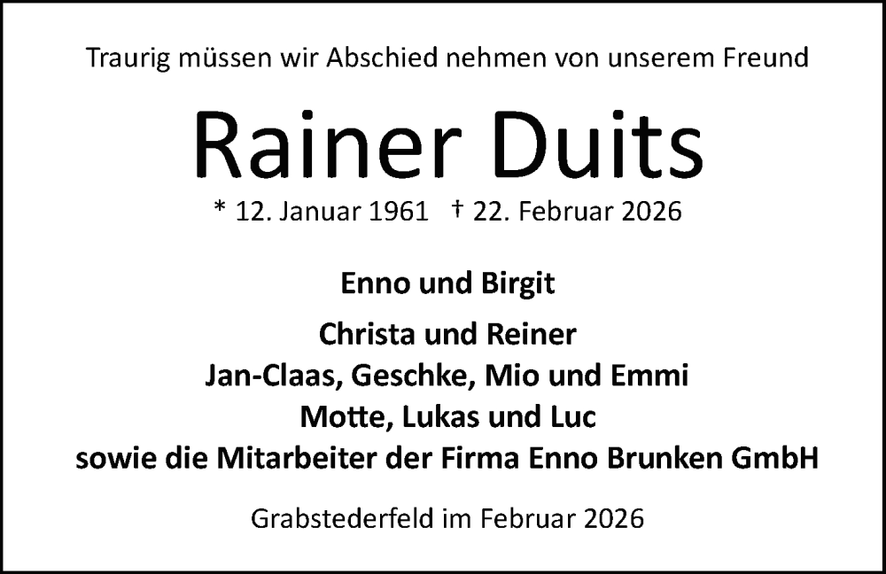  Traueranzeige für Rainer Duits vom 27.02.2026 aus Nordwest-Zeitung