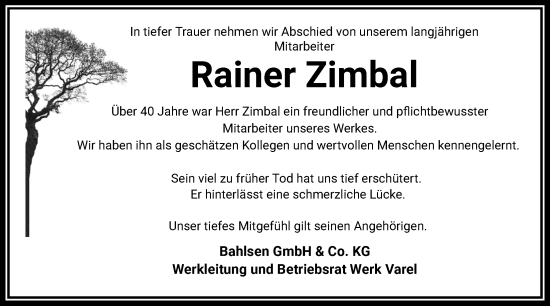 Traueranzeige von Rainer Zimbal von Nordwest-Zeitung