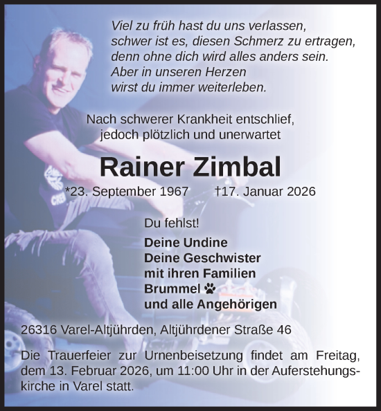 Traueranzeige von Rainer Zimbal von Nordwest-Zeitung