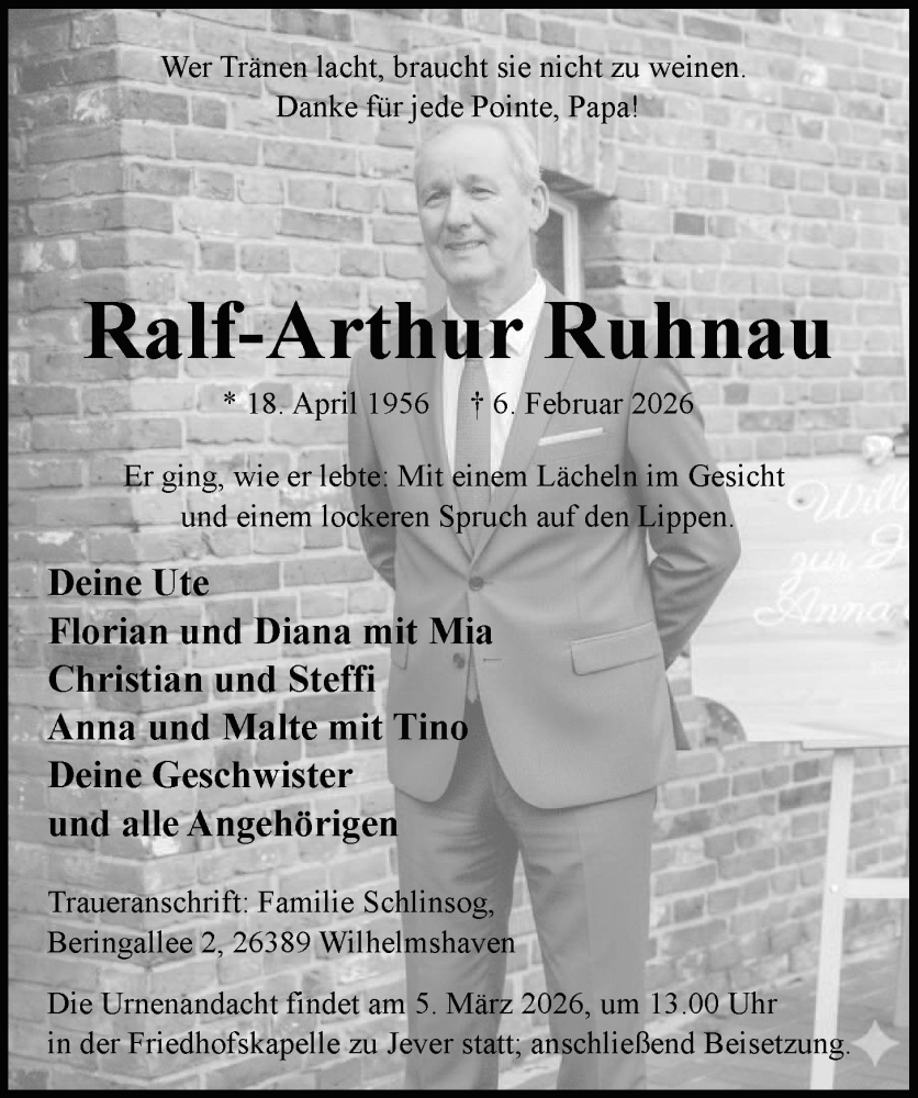  Traueranzeige für Ralf-Arthur Ruhnau vom 14.02.2026 aus WZ/JW/AH