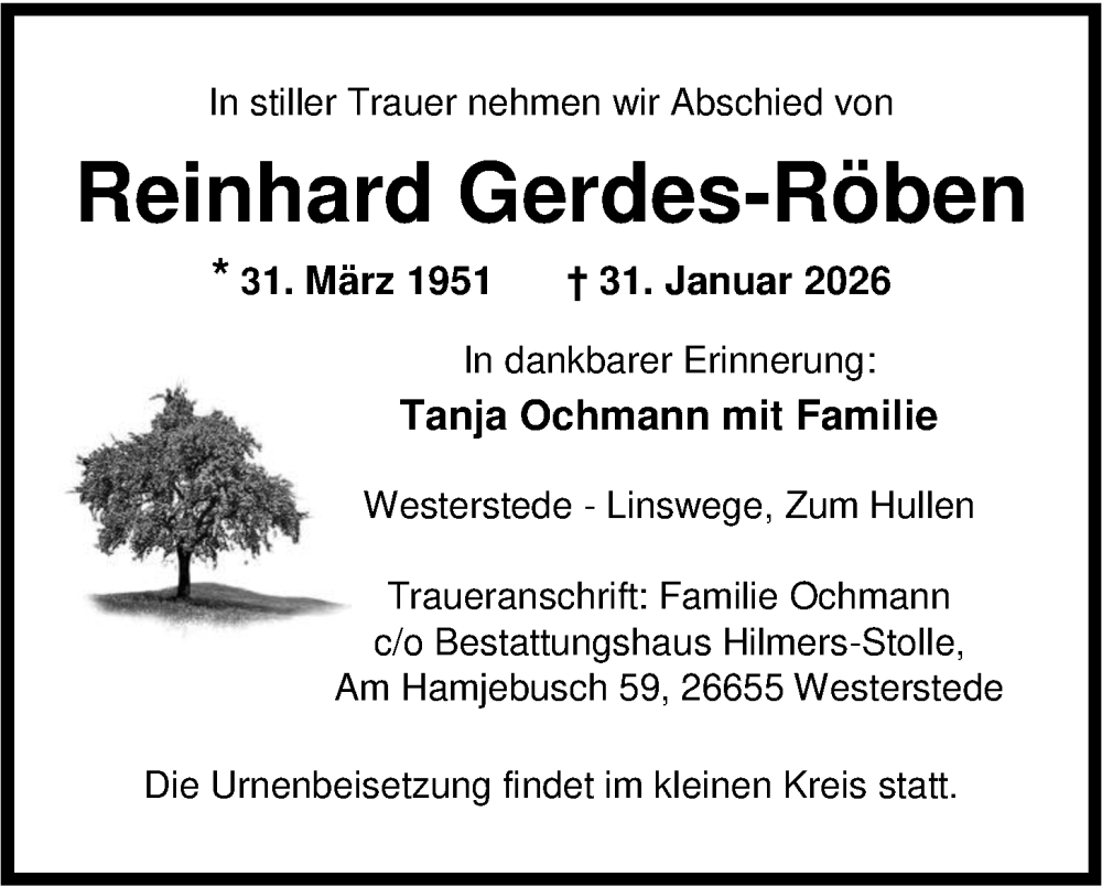  Traueranzeige für Reinhard Gerdes-Röben vom 05.02.2026 aus Nordwest-Zeitung