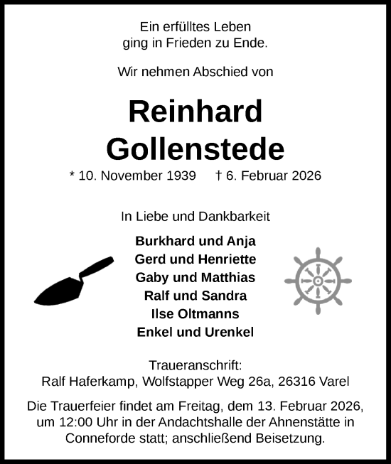 Traueranzeige von Reinhard Gollenstede von Nordwest-Zeitung