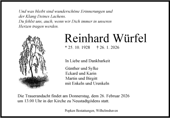 Traueranzeige von Reinhard Würfel von WZ/JW/AH