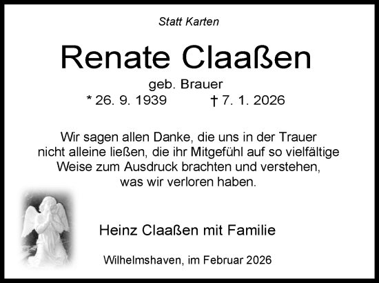 Traueranzeige von Renate Claaßen von WZ/JW/AH