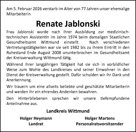 Traueranzeige von Renate Jablonski von WZ/JW/AH