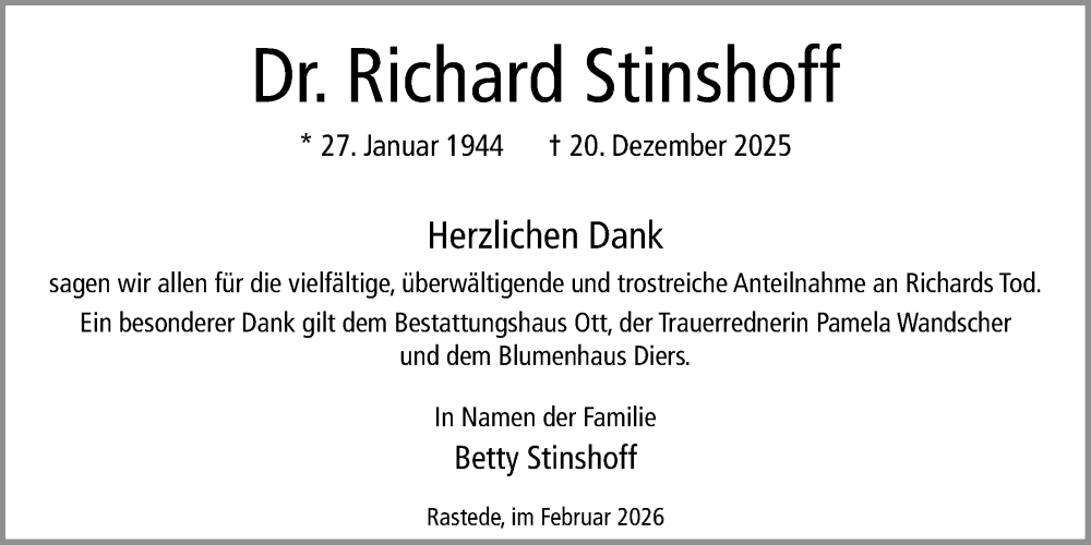  Traueranzeige für Richard Stinshoff vom 07.02.2026 aus Nordwest-Zeitung