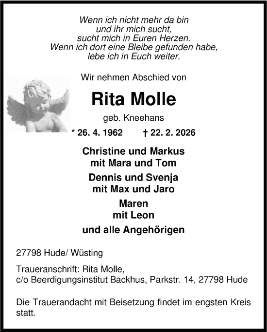 Traueranzeige von Rita Molle von Nordwest-Zeitung