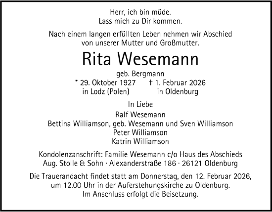 Traueranzeige von Rita Wesemann von Nordwest-Zeitung