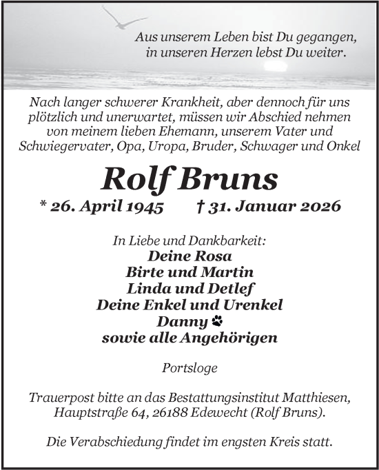 Traueranzeige von Rolf Bruns von Nordwest-Zeitung