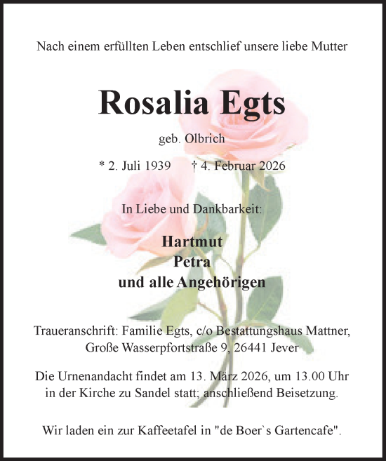 Traueranzeige von Rosalia Egts von WZ/JW/AH