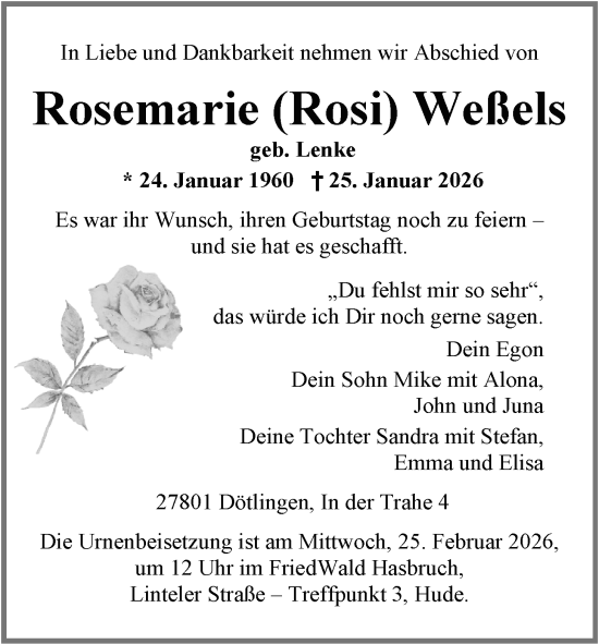 Traueranzeige von Rosemarie Weßels von Nordwest-Zeitung