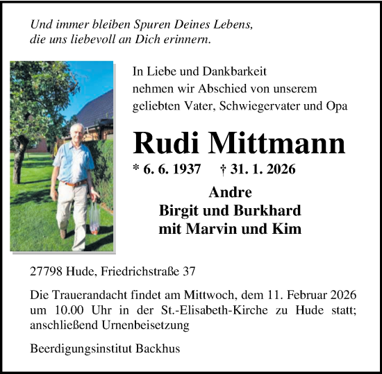 Traueranzeige von Rudi Mittmann von Nordwest-Zeitung