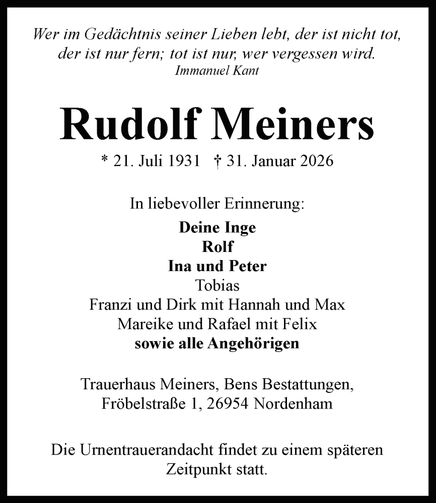  Traueranzeige für Rudolf Meiners vom 07.02.2026 aus Nordwest-Zeitung