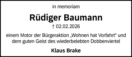 Traueranzeige von Rüdiger Baumann von Nordwest-Zeitung