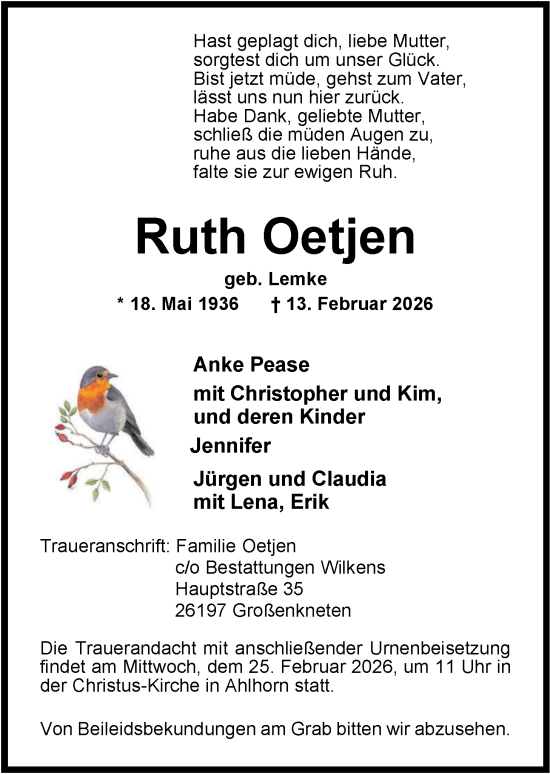 Traueranzeige von Ruth Oetjen von Nordwest-Zeitung
