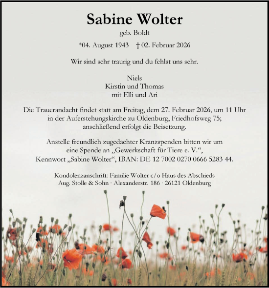 Traueranzeige von Sabine Wolter von Nordwest-Zeitung