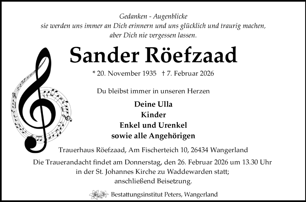  Traueranzeige für Sander Röefzaad vom 14.02.2026 aus WZ/JW/AH