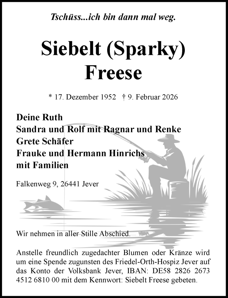 Traueranzeige für Siebelt Freese vom 11.02.2026 aus WZ/JW/AH
