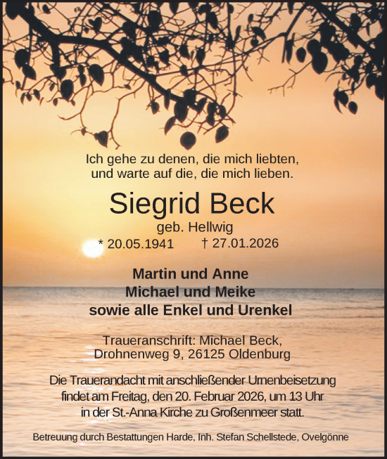 Traueranzeige von Siegrid Beck von Nordwest-Zeitung