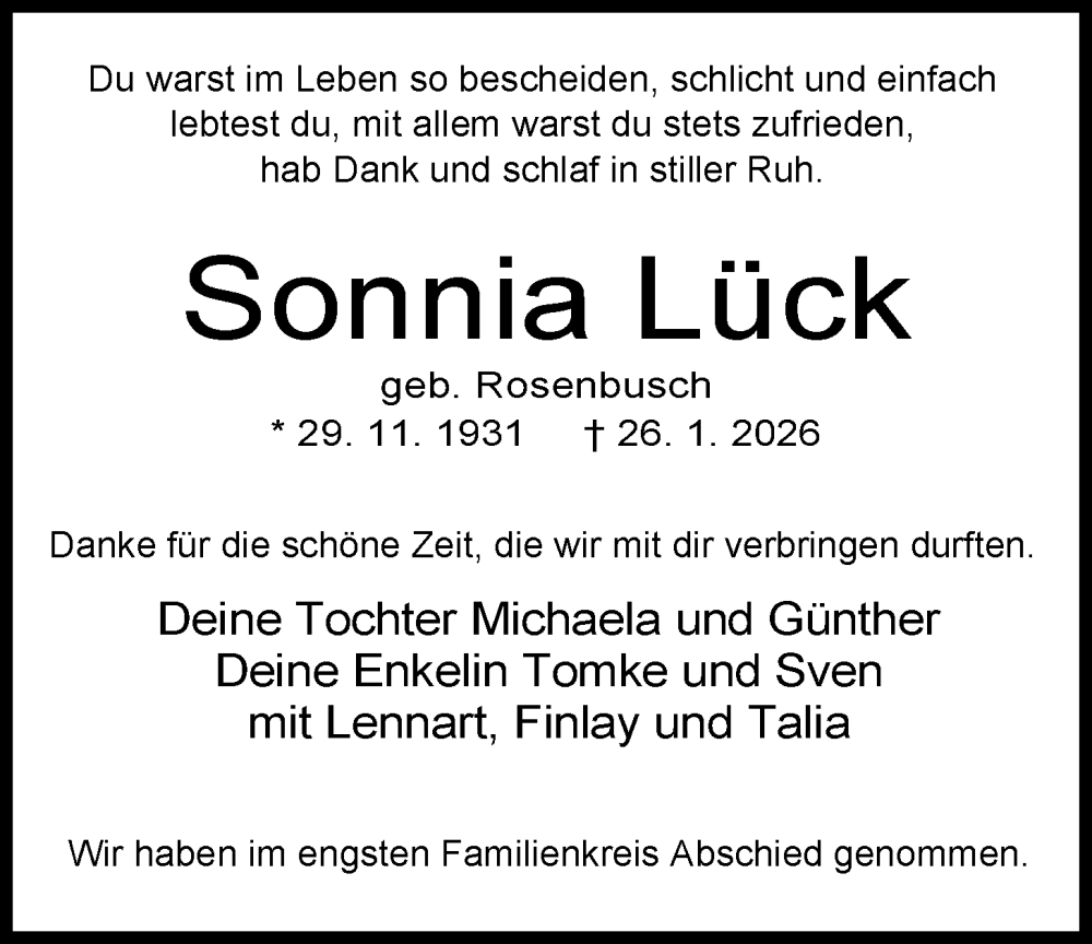  Traueranzeige für Sonnia Lück vom 14.02.2026 aus WZ/JW/AH