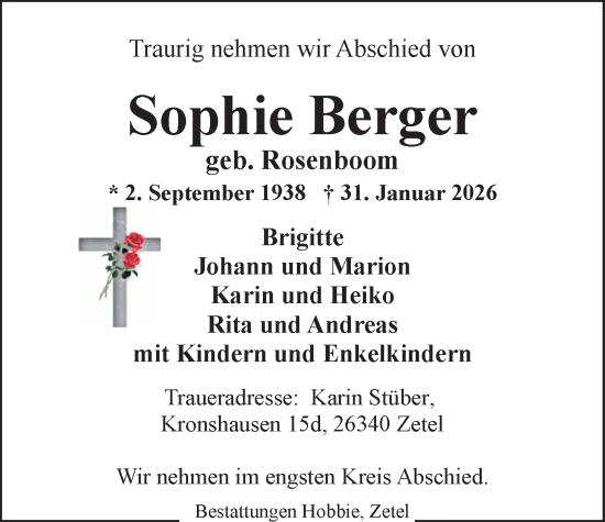 Traueranzeige von Sophie Berger von Nordwest-Zeitung