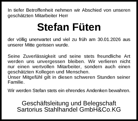 Traueranzeige von Stefan Füten von Nordwest-Zeitung