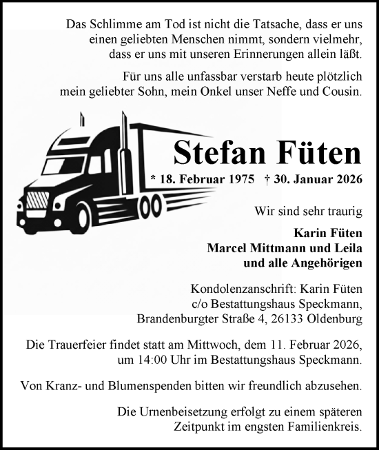 Traueranzeige von Stefan Füten von Nordwest-Zeitung