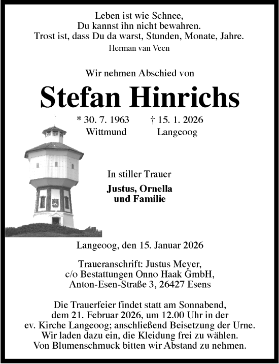 Traueranzeige von Stefan Hinrichs von WZ/JW/AH