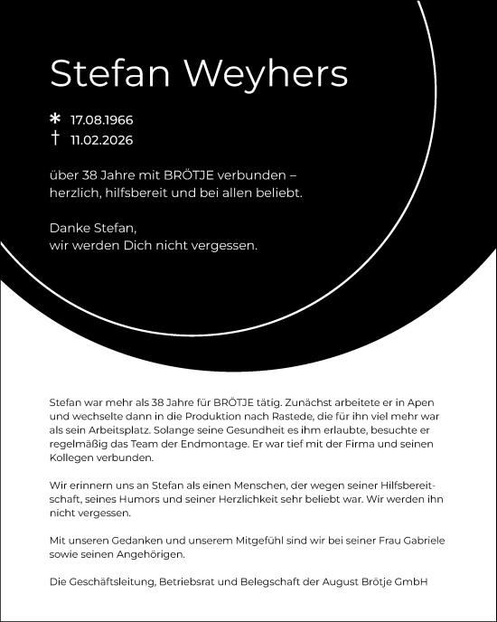 Traueranzeige von Stefan Weyhers von Nordwest-Zeitung