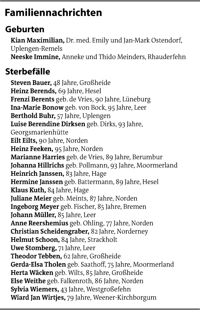  Traueranzeige für Sterbetafel vom 03.02.2026 vom 03.02.2026 aus Emder Zeitung