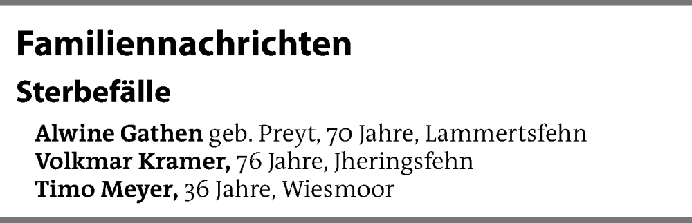  Traueranzeige für Sterbetafel vom 06.02.2026 vom 06.02.2026 aus Emder Zeitung