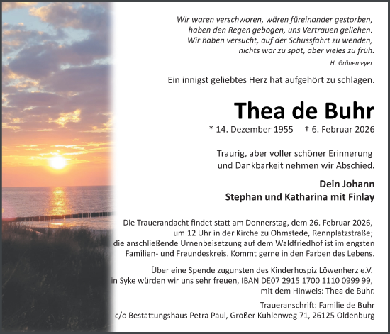 Traueranzeige von Thea de Buhr von Nordwest-Zeitung