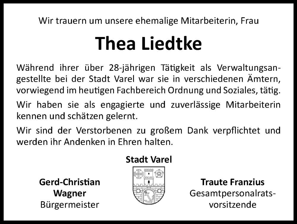  Traueranzeige für Thea Liedtke vom 14.02.2026 aus Nordwest-Zeitung